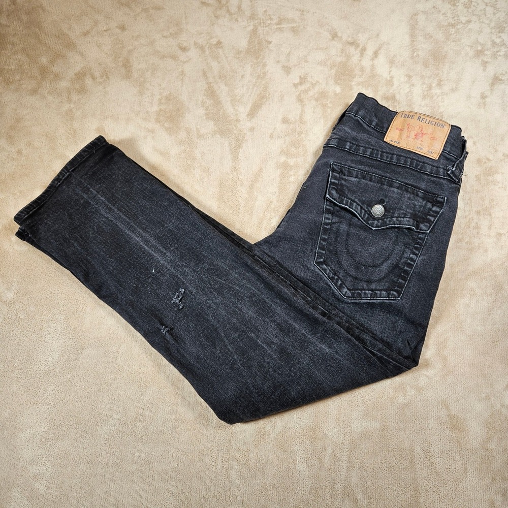 True Religion Ricky Relaxed Straight Black Jeans Mens 34 Flap Pocket Distressed
